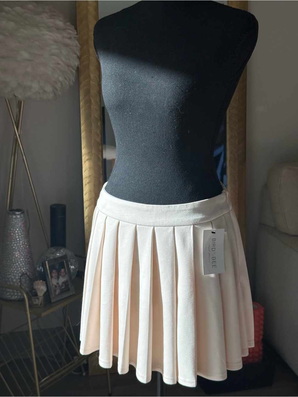 Bird & Bee Cream Pleated Mini Skirt